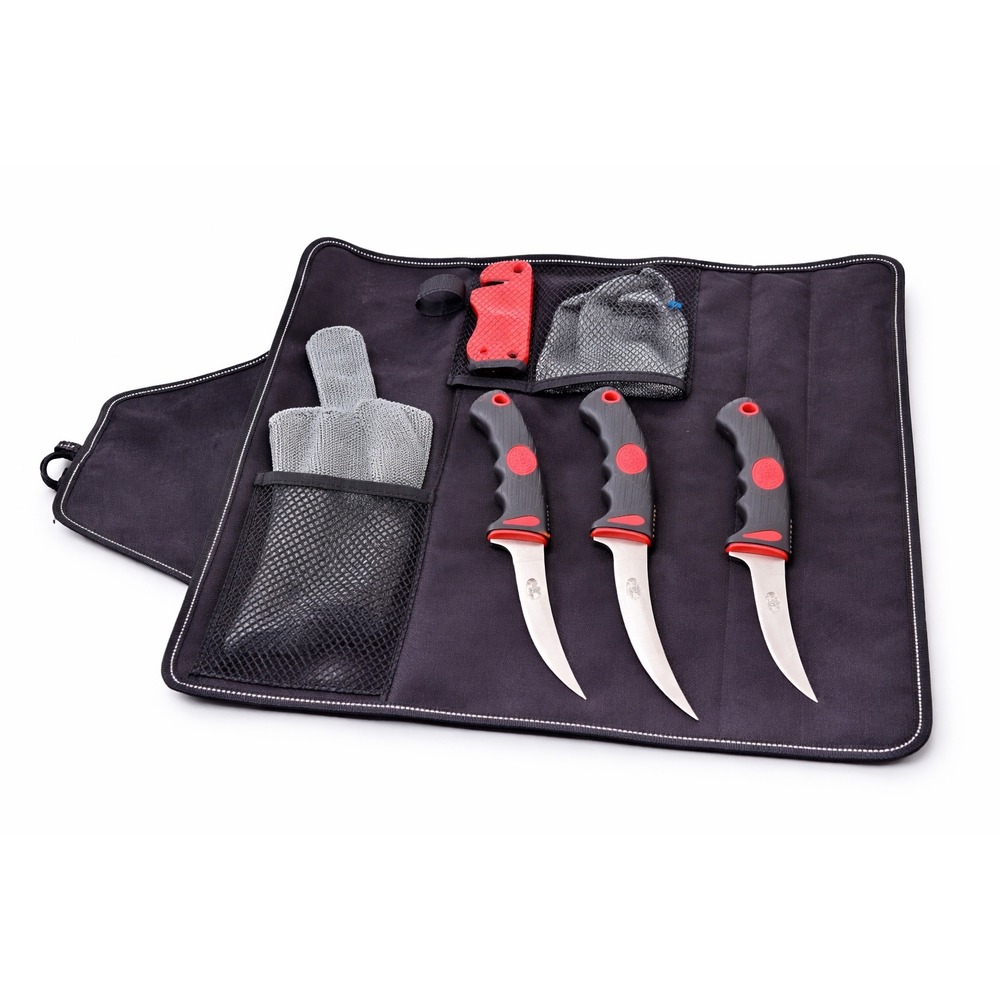 Bass Pro Shops Fillet Knife Set 3 Blade Sharpener Glove Case EUC